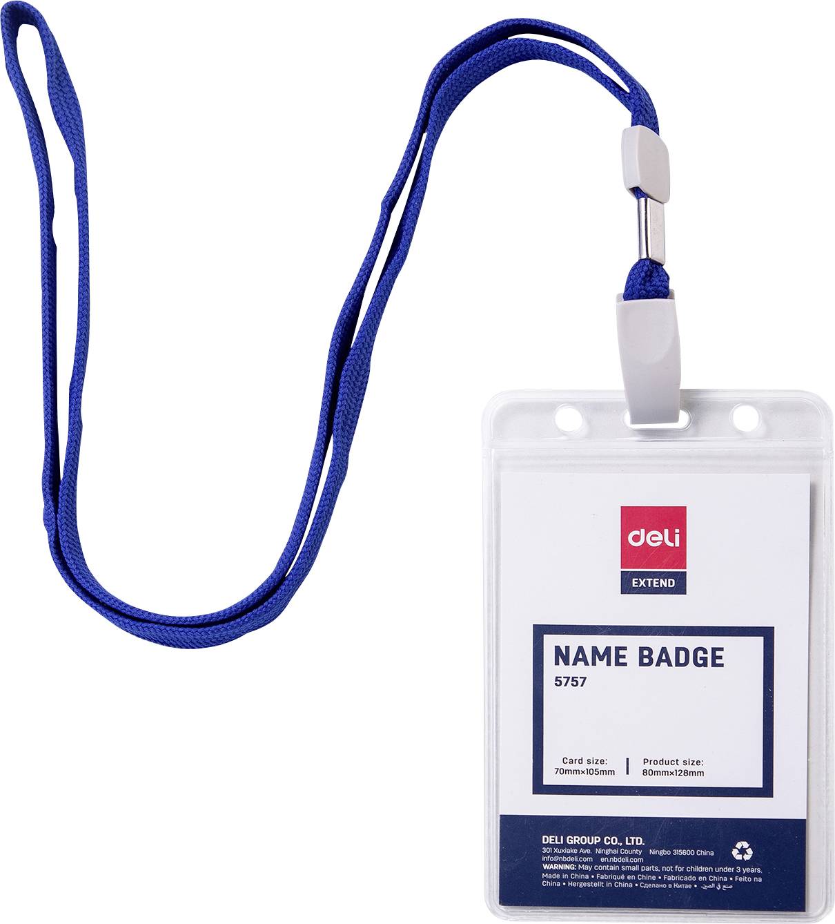 Modrá šňůrka s čirým plastovým pouzdrem na průkazku s označením "NAME BADGE" a "deli", izolováno na bílém pozadí