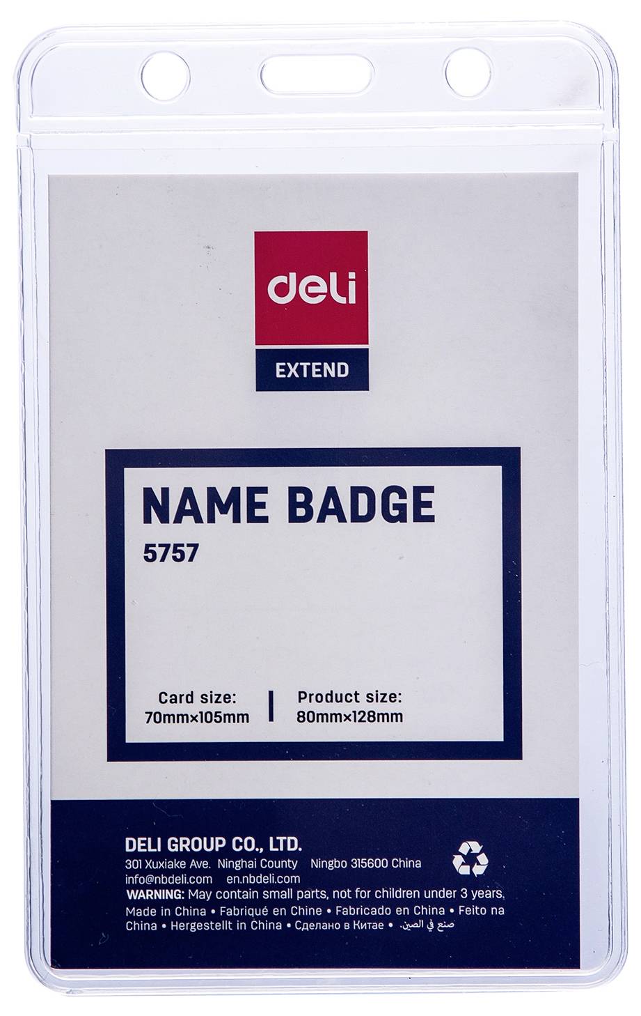 Čirý plastový obal na visačku se jménem označený 'deli EXTEND' s 'NAME BADGE 5757' a detaily o velikosti produktu.