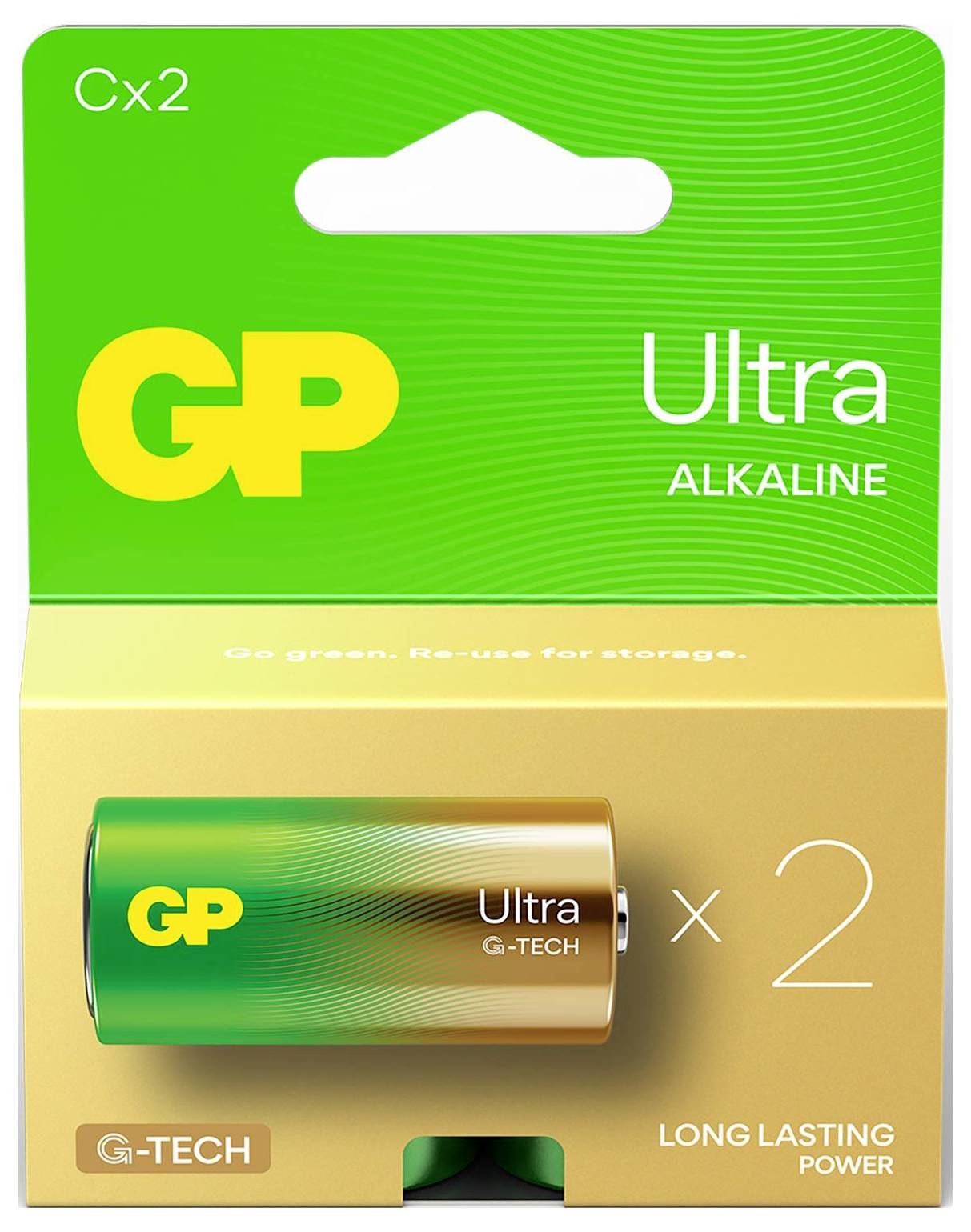 Balení baterií GP Ultra Alkaline Cx2 zobrazující dvě baterie GP Ultra G-TECH a napis „Dlouhodobá vydrž" na zeleno-zlatém balení.