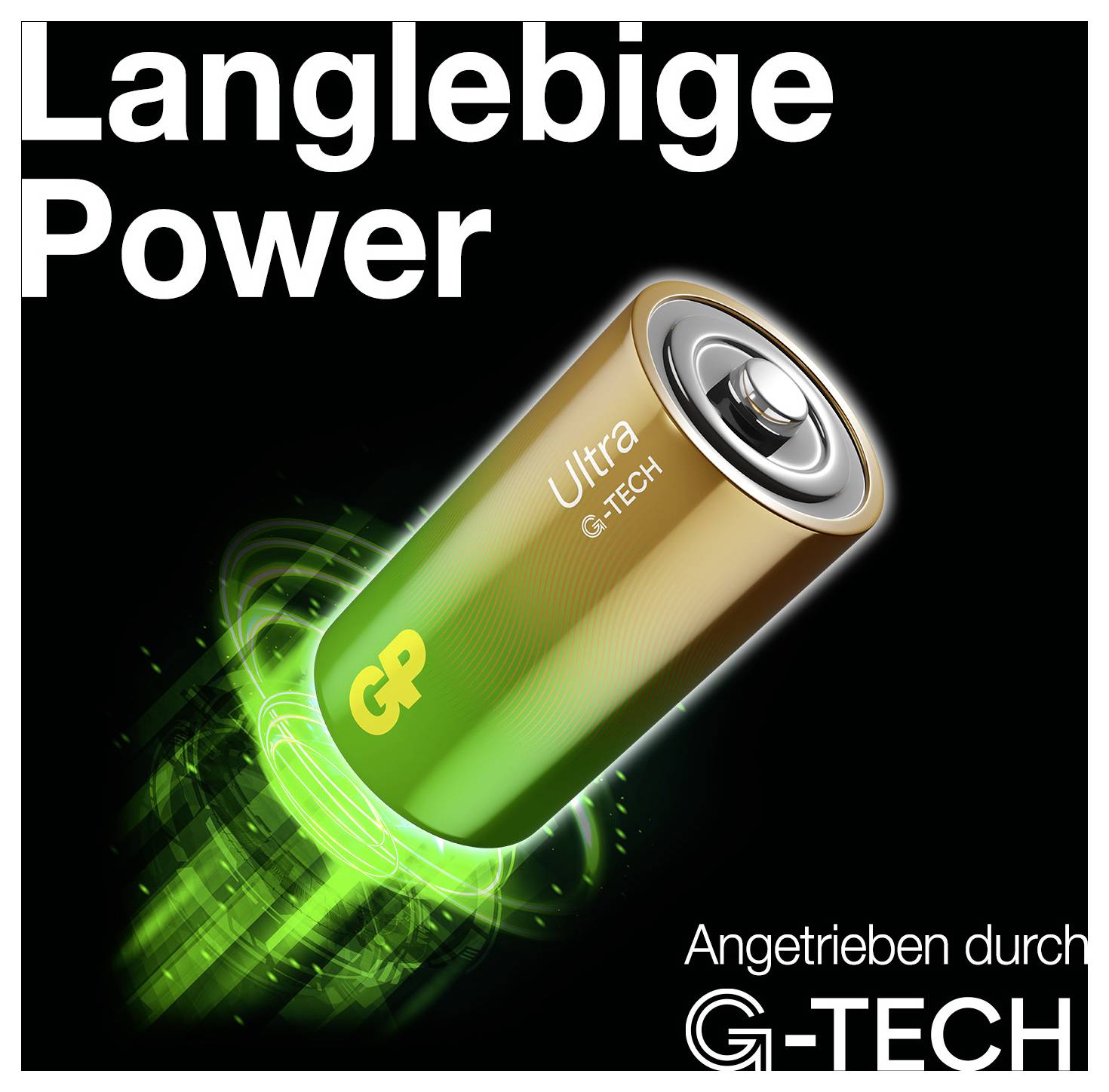 Inzerát na baterii G-Tech s lesklou zlatou baterií AA označenou 'Ultra G-TECH' a německým sloganem 'Langlebige Power' a 'Angetrieben durch G-TECH'.