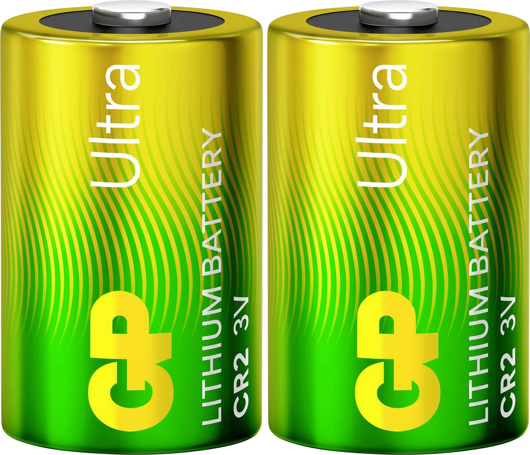 Dva článku lithiové baterie Ultra označené "GP Ultra", "LITHIUM BATTERY" a "CR2 3V", zobrazené vedle sebe.