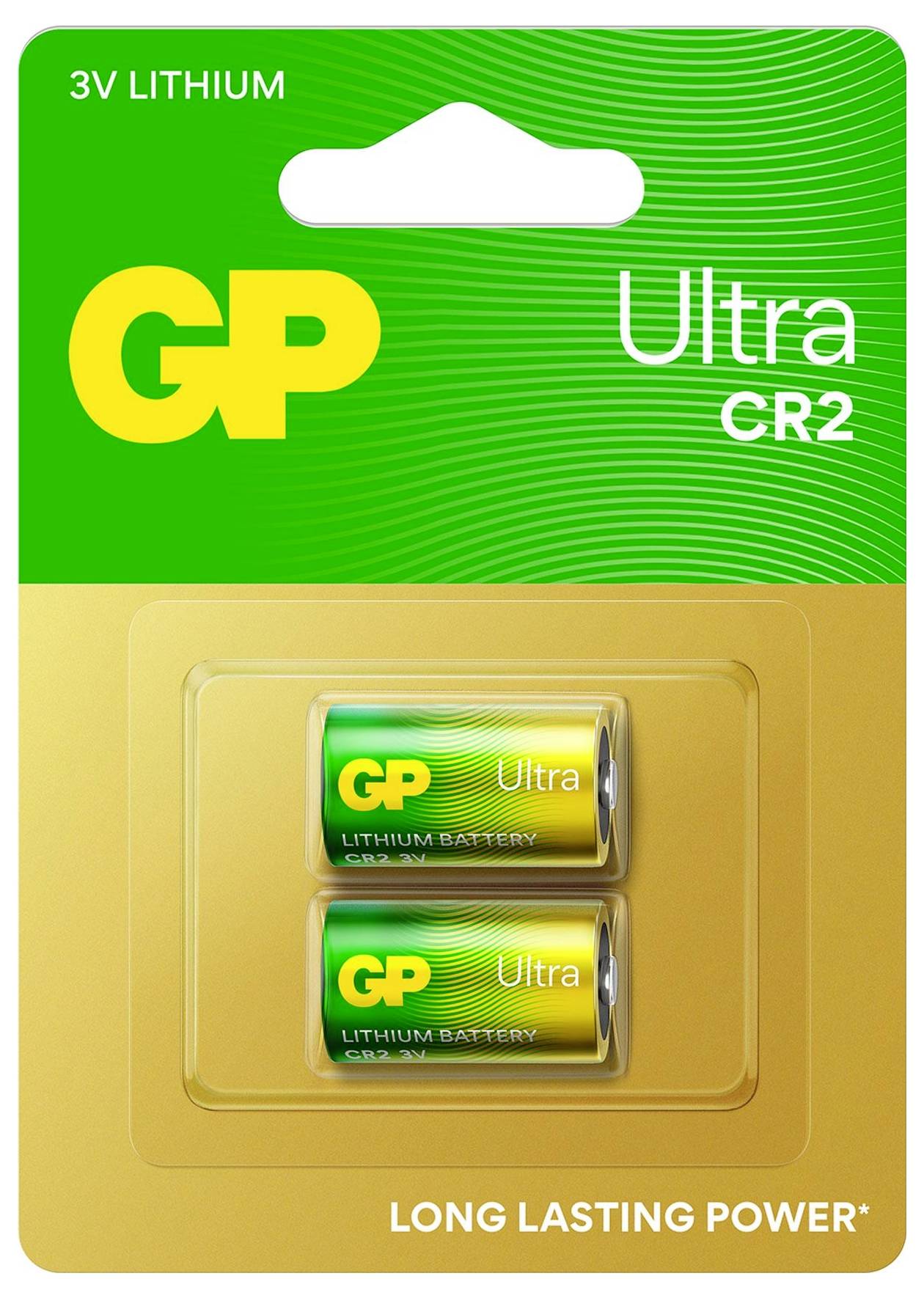 Balení dvou lithiových baterií GP Ultra CR2 3V s označením "DLOUHOTRVAJÍCÍ VÝKON".