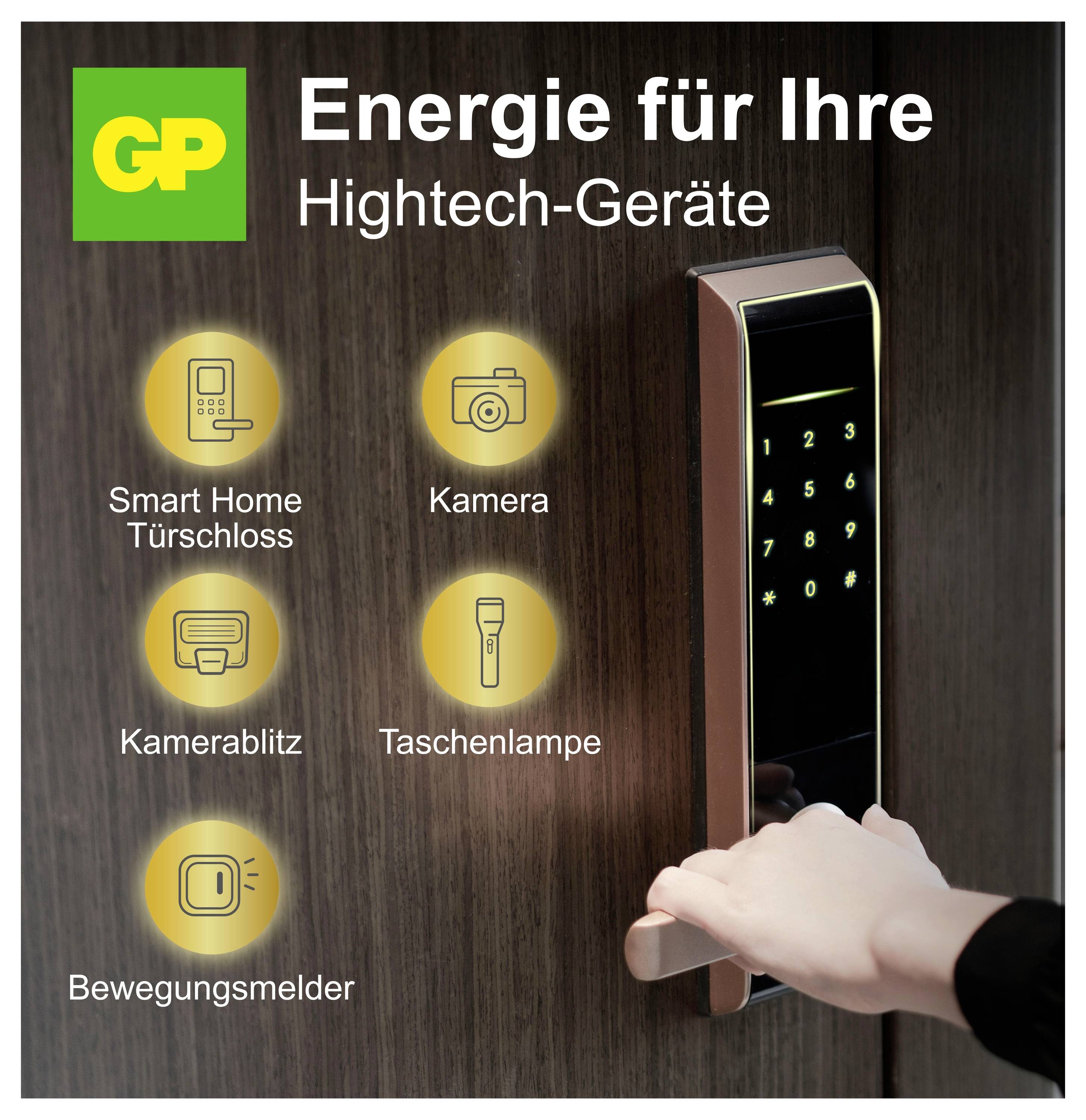 Reklamní inzerát pro baterie GP: 'Energie pro vaše high-tech zařízení' s chytrým zámkem na dveře, kamerou, bleskem fotoaparátu, svítilnou a pohybovým čidlem.