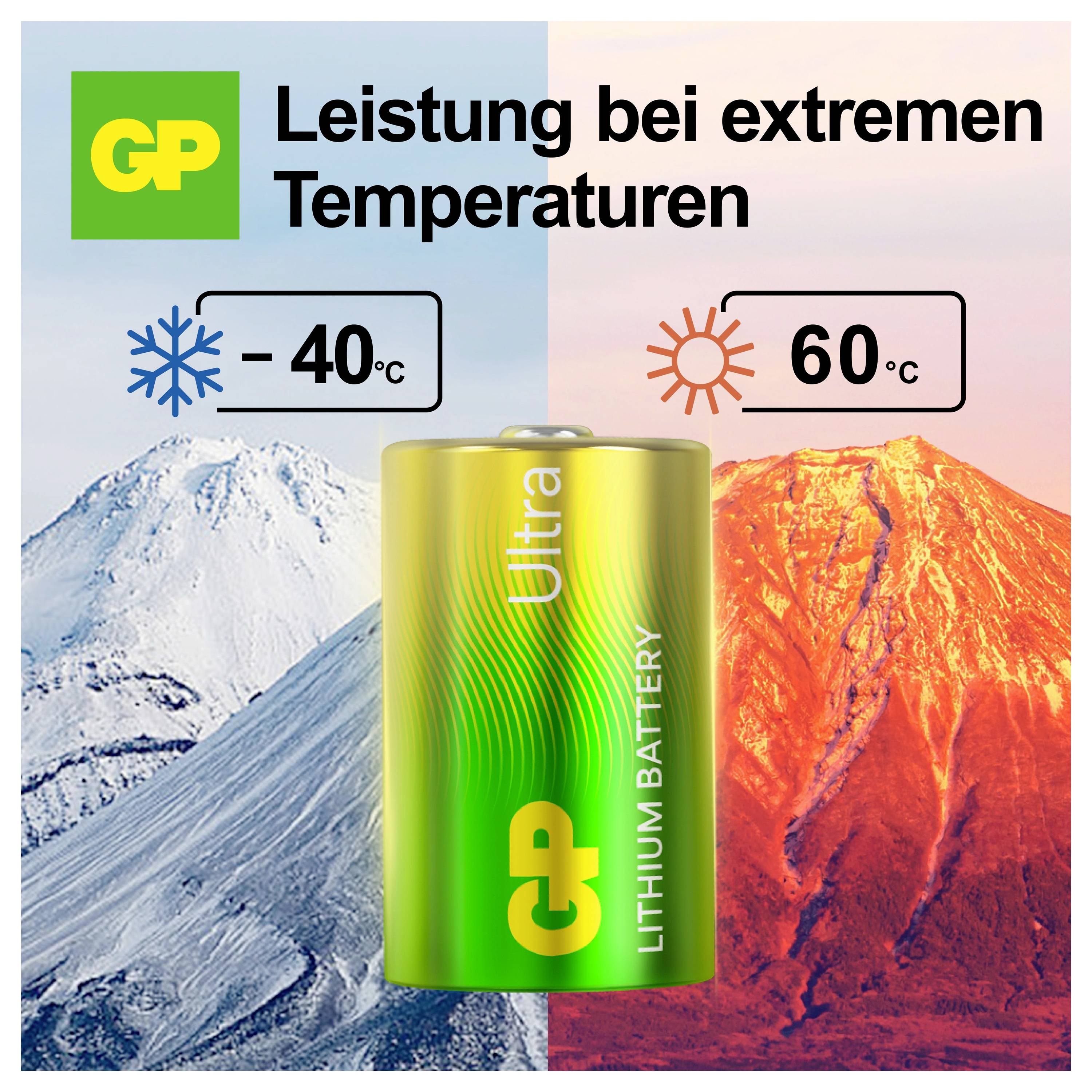 Reklama pro baterii GP Ultra Lithium: „Výkon při extrémních teplotách" s rozsahem použití od -40 °C do 60 °C, s pozadím ledu a sopky lávového.