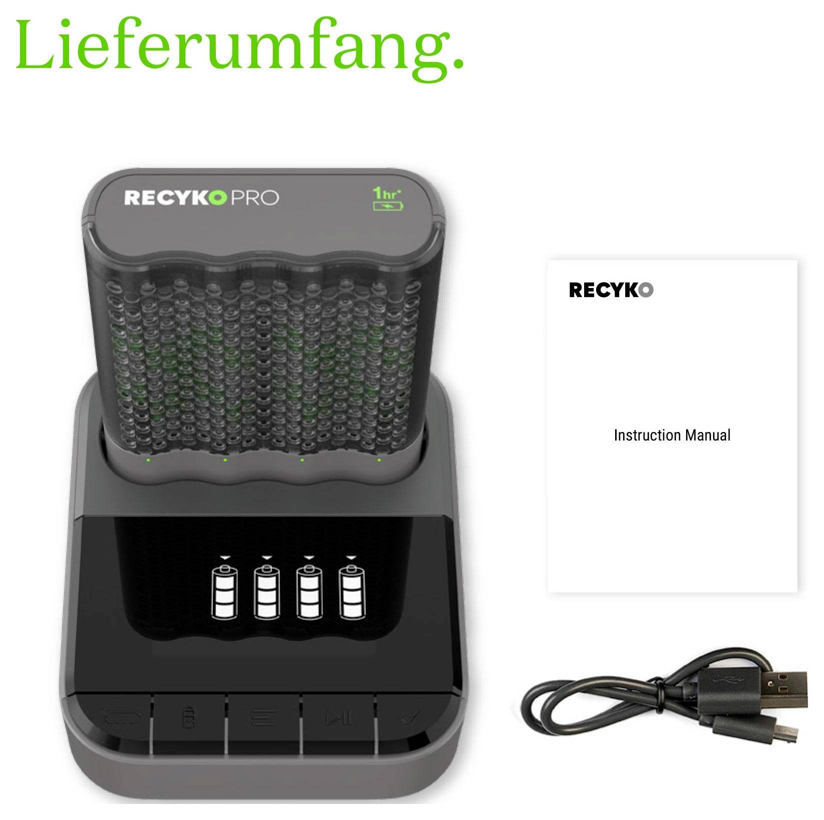 Obsah balení produktu nabíječky baterií RECYKO PRO s návodem k obsluze a USB kabelem; text zní „Rozsah dodávky".