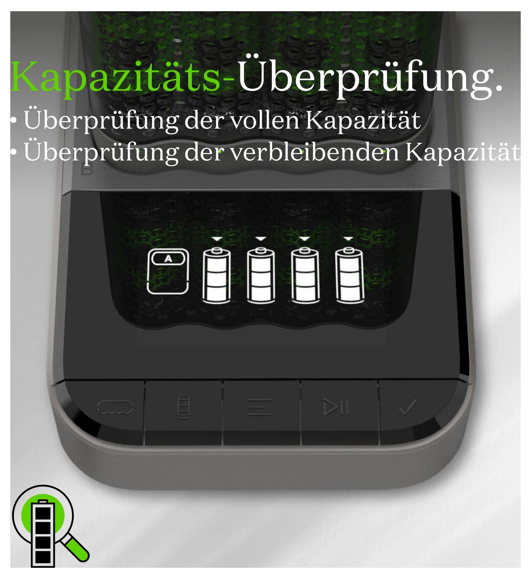 Displej nabíječky akumulátoru zobrazující 'Ověření kapacity' s možnostmi kontroly úplné nebo zbývající kapacity a ikonami baterie.