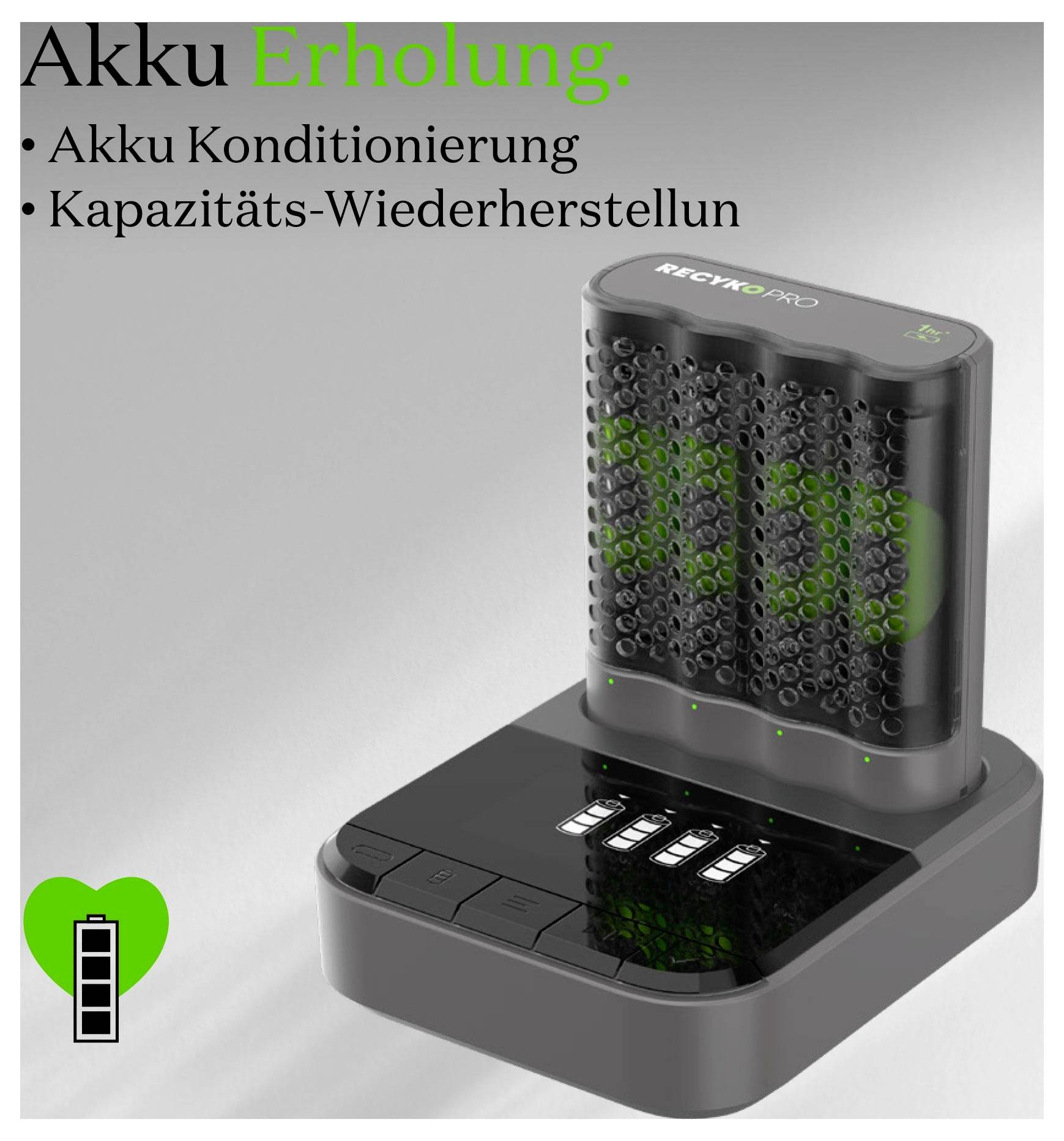 Německá propagační grafika pro „Obnovení baterie" s odrážkami „Kondicionování baterie" a „Obnovení kapacity", zobrazující baterii v nabíjecím stojanu.