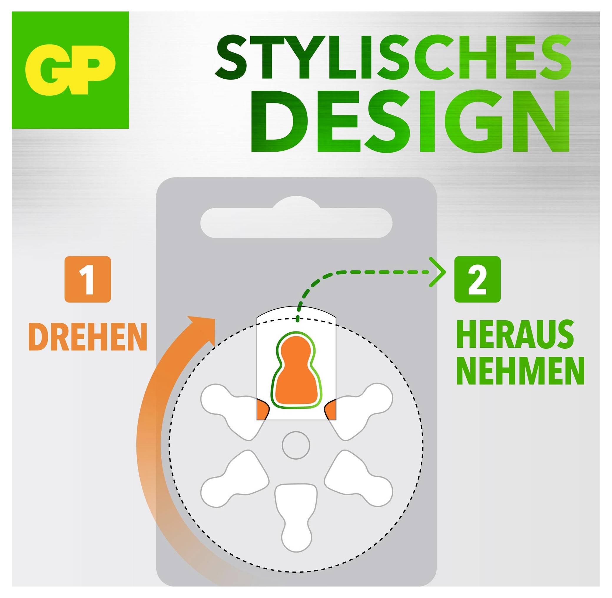 Instruktážní grafika pro balení "stylishes design" GP: krok 1 'otočit' (otočit), krok 2 'vyjmout' (vyjmout), ukazující, jak otevřít a vyjmout položku.