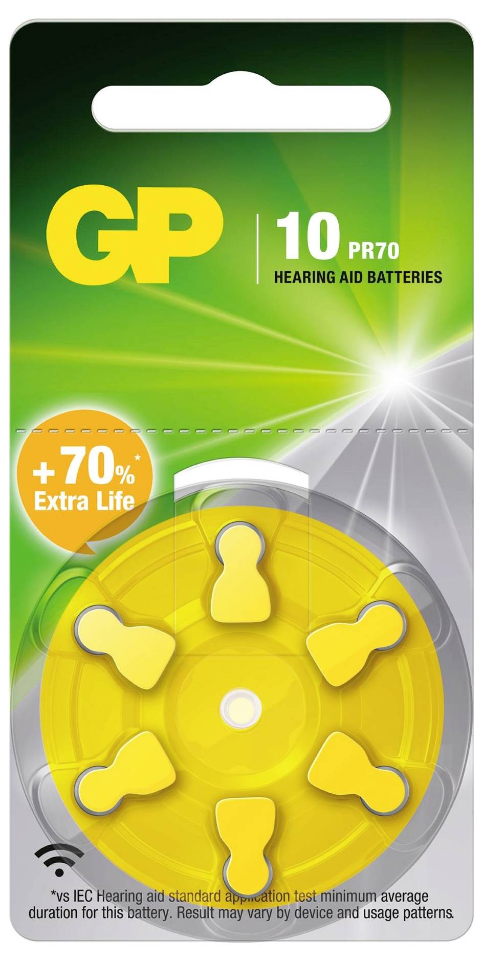 Balení pro baterie do naslouchadel 'GP 10 PR70' se zvýrazněním '+70% Extra Life' a tvrzením o trvání podle normy IEC pro naslouchátka.