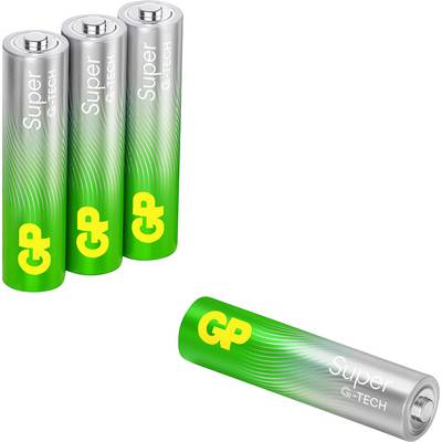 Čtyři baterie GP Super G-Tech, přičemž tři stojí ve svislé poloze a jedna leží vodorovně na bílém pozadí.