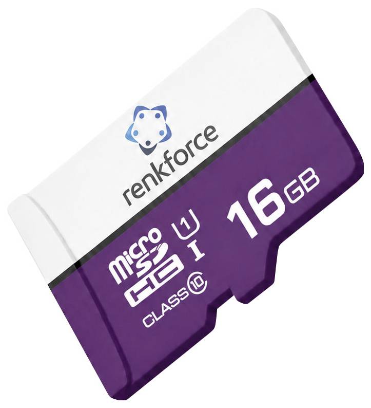Fialová a bílá microSD karta Renkforce 16GB s adaptérem a logem značky