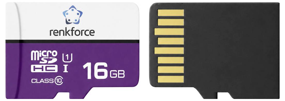 Paměťová karta microSD 16GB od společnosti Renkforce, zobrazená ze přední a zadní strany, se značkami třídy Class 10 a U1 pro rychlost.