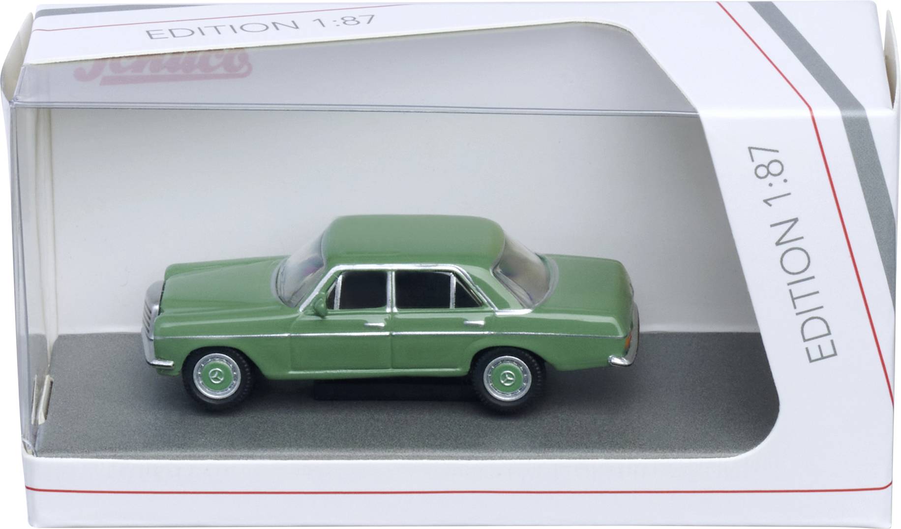 Zelené vintage hrací autíčko v krabici s popiskem "Edice 1:87".