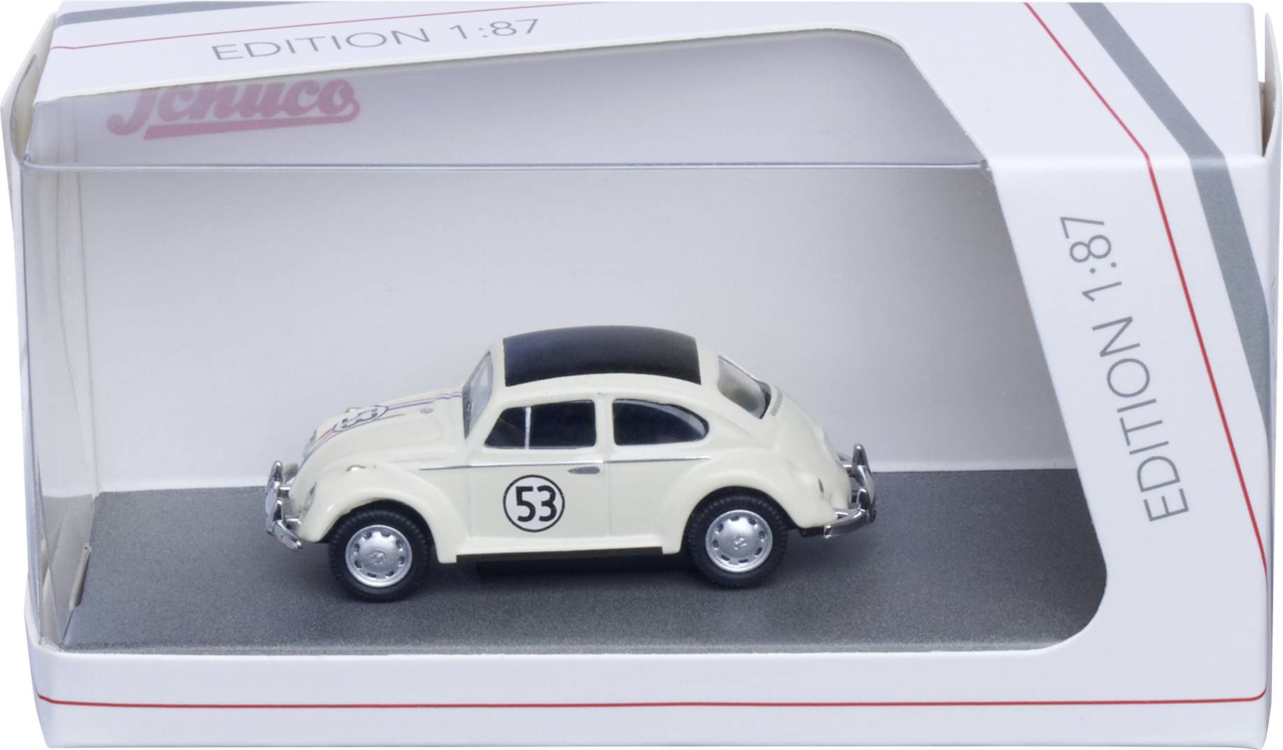 Bílý hračkářský Volkswagen Beetle s číslem 53 v krabici s popisem "EDITION 1:87".