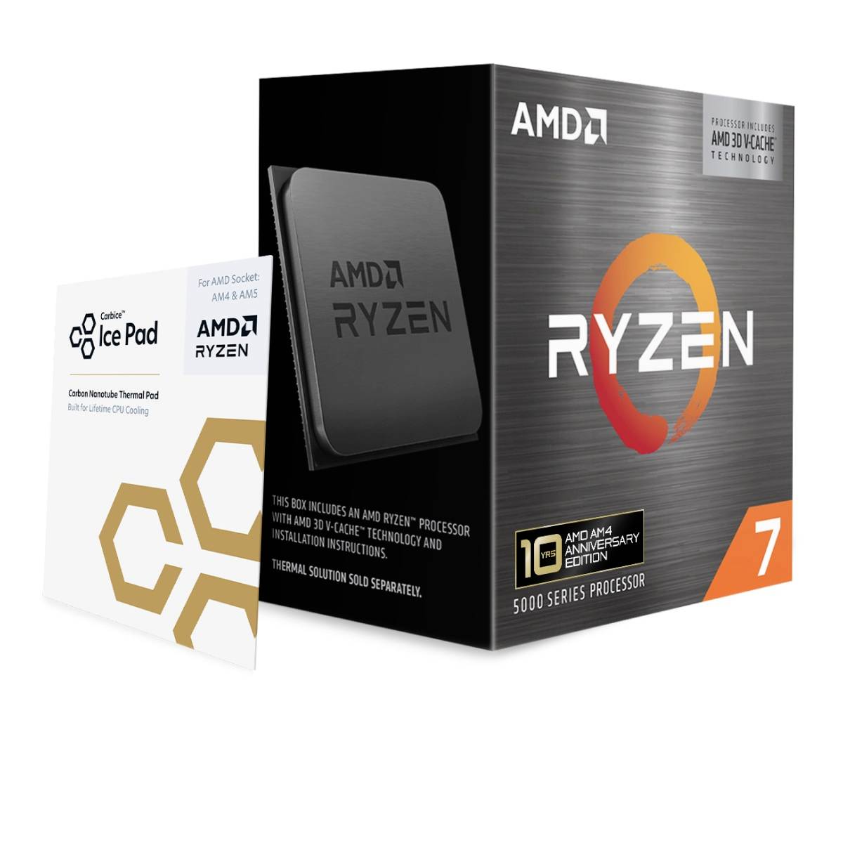Maloobchodní balení procesoru AMD Ryzen 7 s přiloženým balíčkem tepelného řešení Ice Pad pro patici AMD Socket AM4 a AM5.