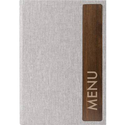 Uzavřená šedá látková obálka na menu se svislým tmavým dřevěným panelem označeným "MENU"