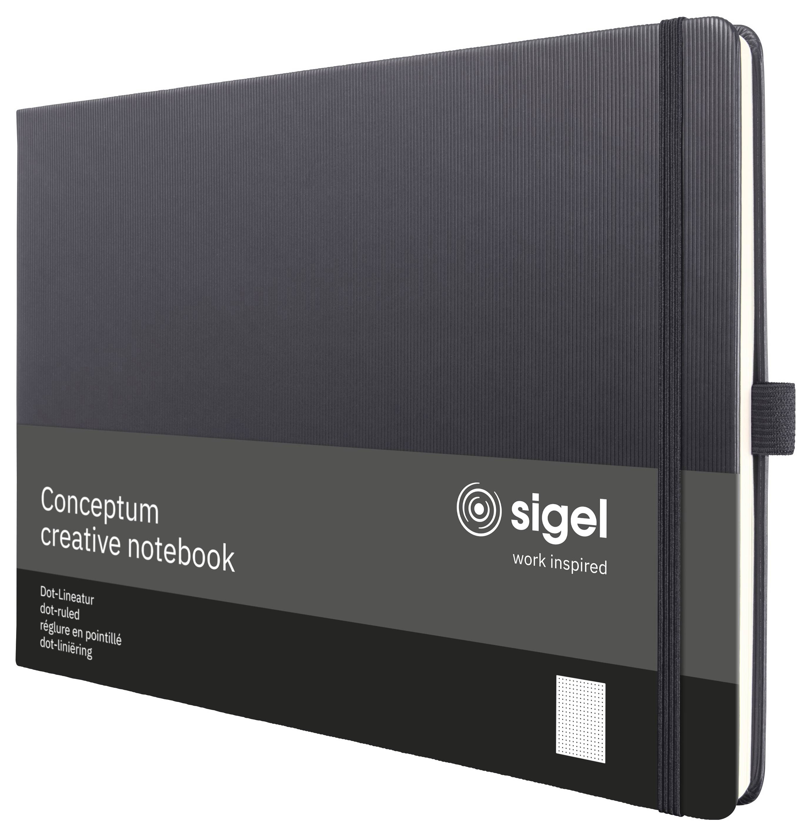 Černý zápisník Black Sigel "Conceptum creative notebook" s gumičkou na zavírání, zobrazený zavřený na bílém pozadí.