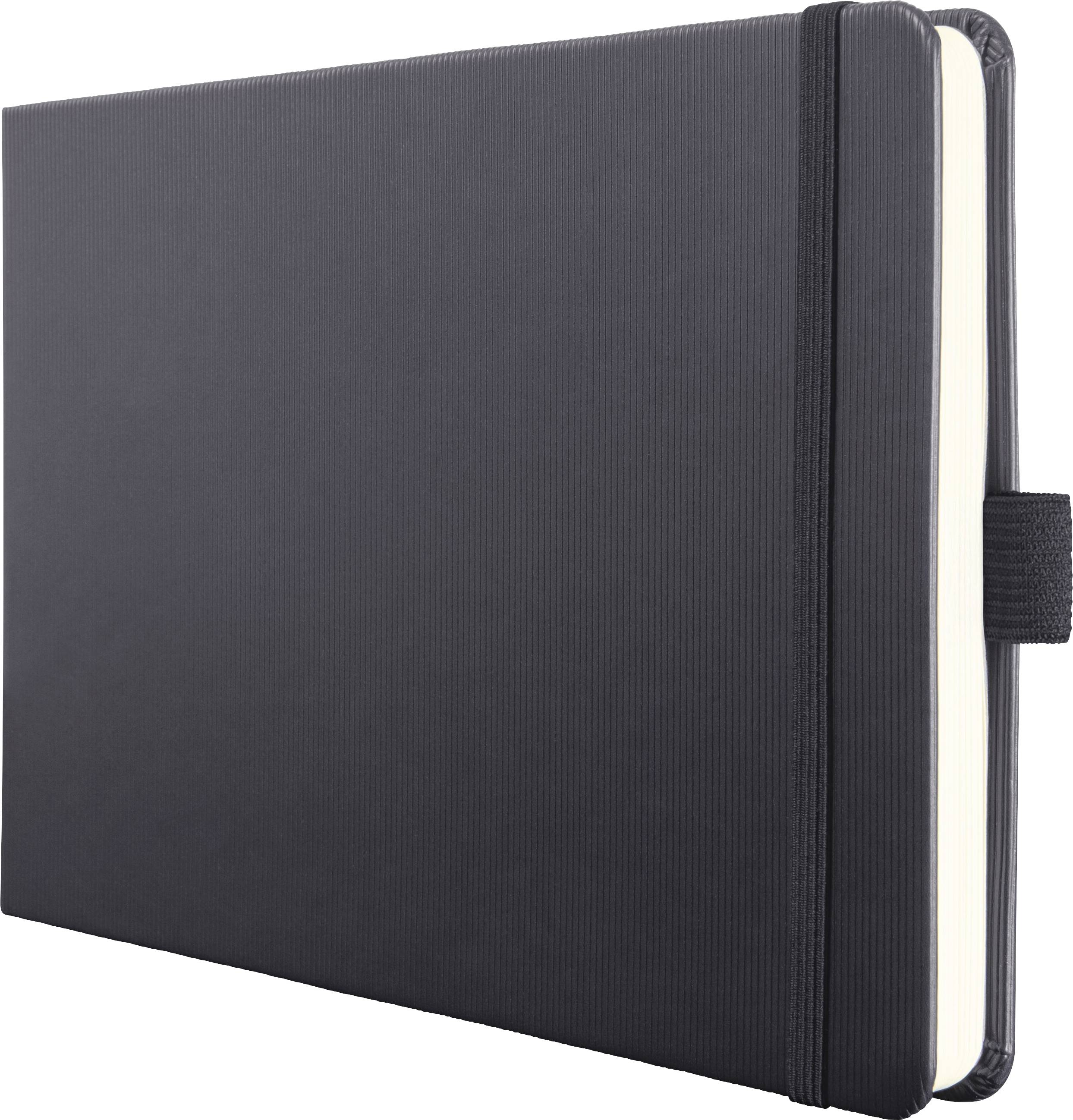 Černý uzavřený notebook s elastickým páskem, zobrazen na bílém pozadí.