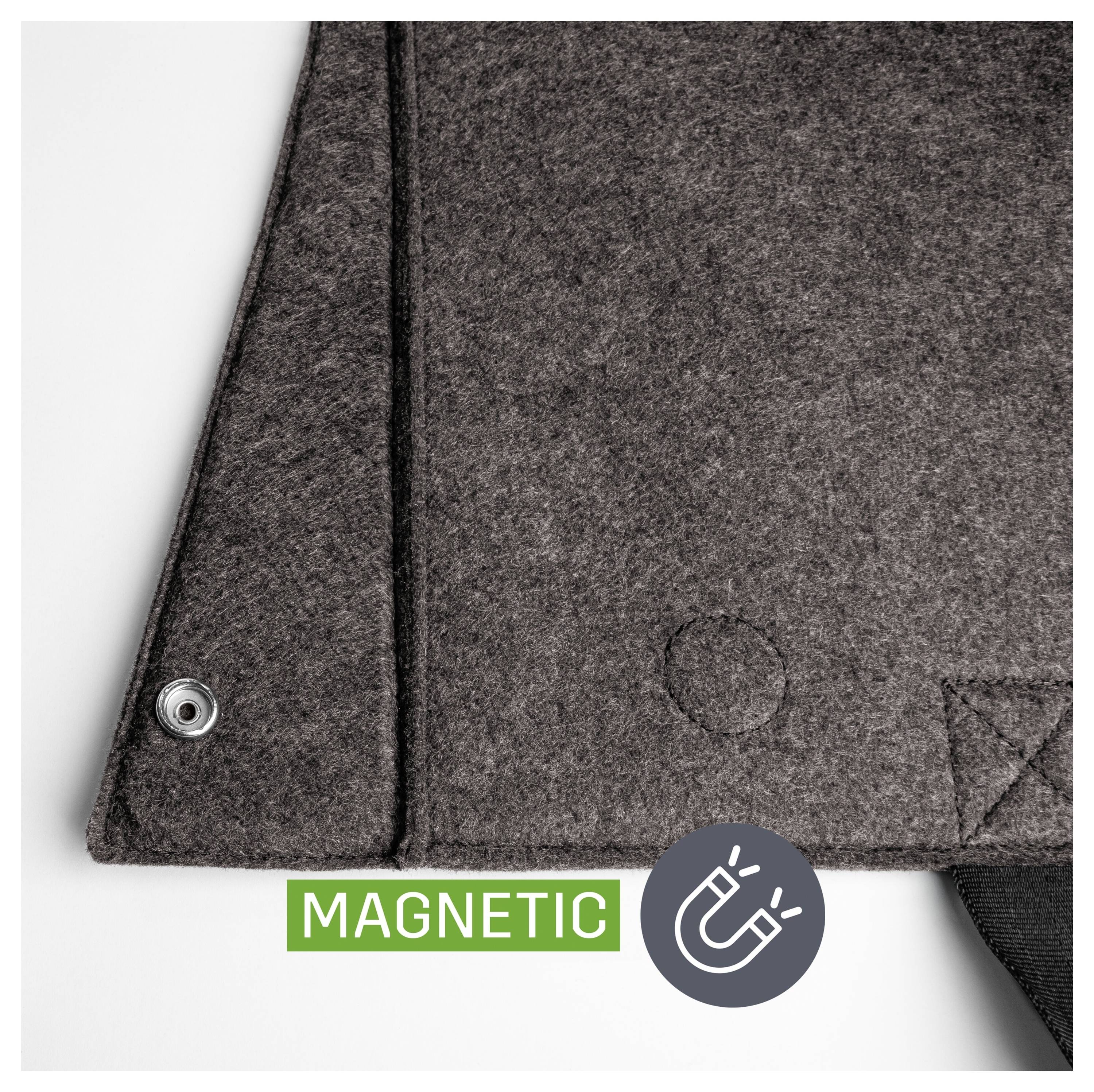 Detailní pohled na roh šedého plstěného pouzdra s magnetickým spínačem a štítkem/ikonou "MAGNETIC" pod ním.
