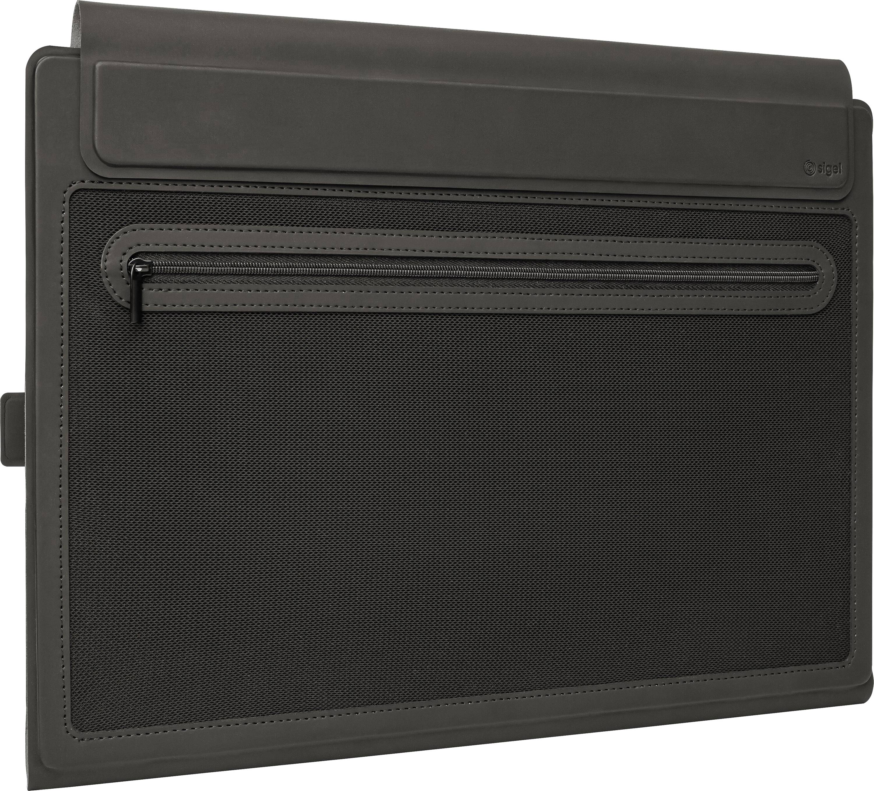 Černé pouzdro na notebook se zipem na přední kapse, zobrazeno zavřené na bílém pozadí.