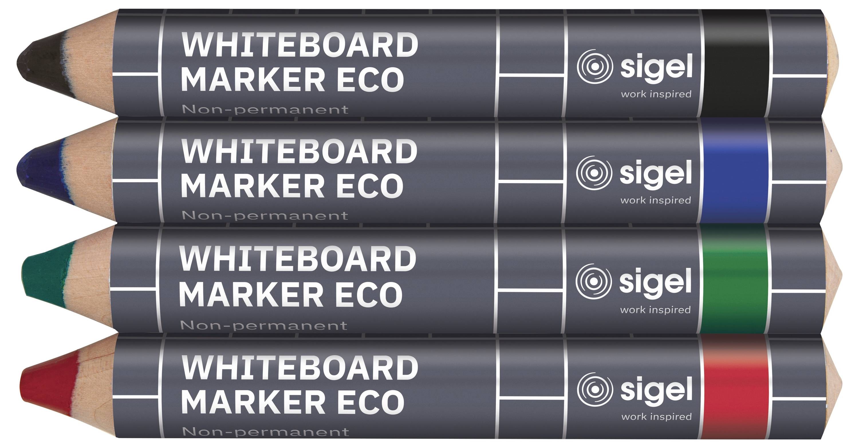 Čtyři pera na bílou tabuli Sigel Whiteboard Marker Eco v černé, modré, zelené a červené barvě, naskládaná vodorovně s viditelnými skosenými hrotů.