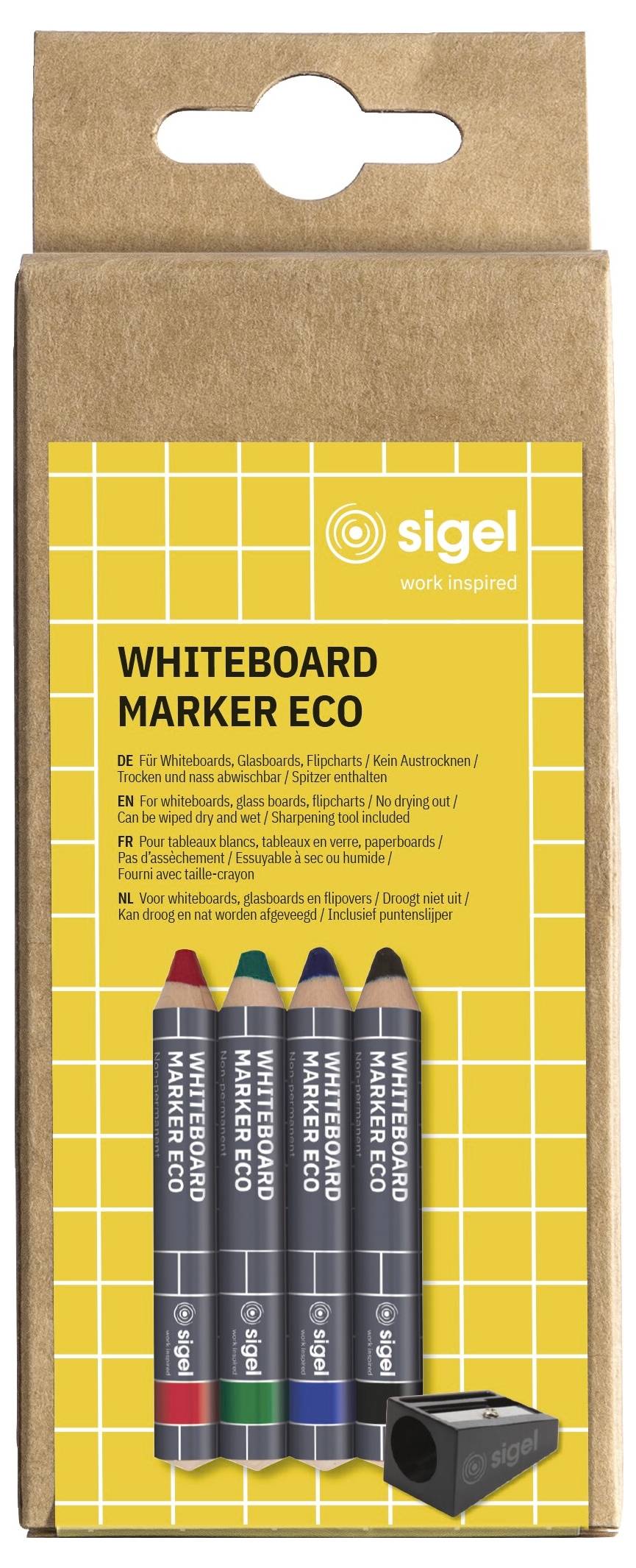 Balení čtyř SIGEL Whiteboard Marker Eco per v černé, modré, zelené a červené barvě, zobrazené v hnědém papírovém balení se žlutou mřížkovou etiketou.