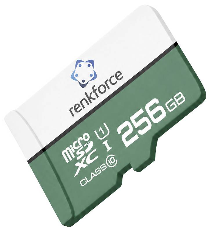 Paměťová karta Renkforce 256GB microSDXC zobrazená na bílém pozadí.