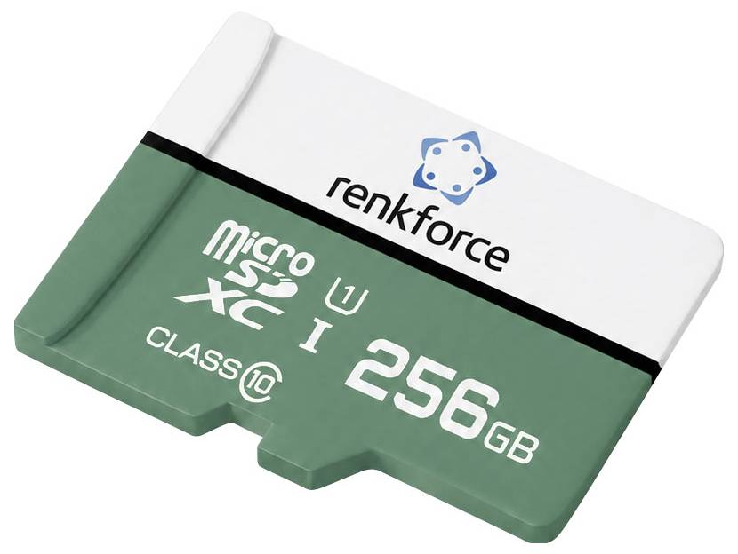 Paměťová karta Renkforce 256GB microSDXC, třída 10, zobrazená na bílém pozadí.