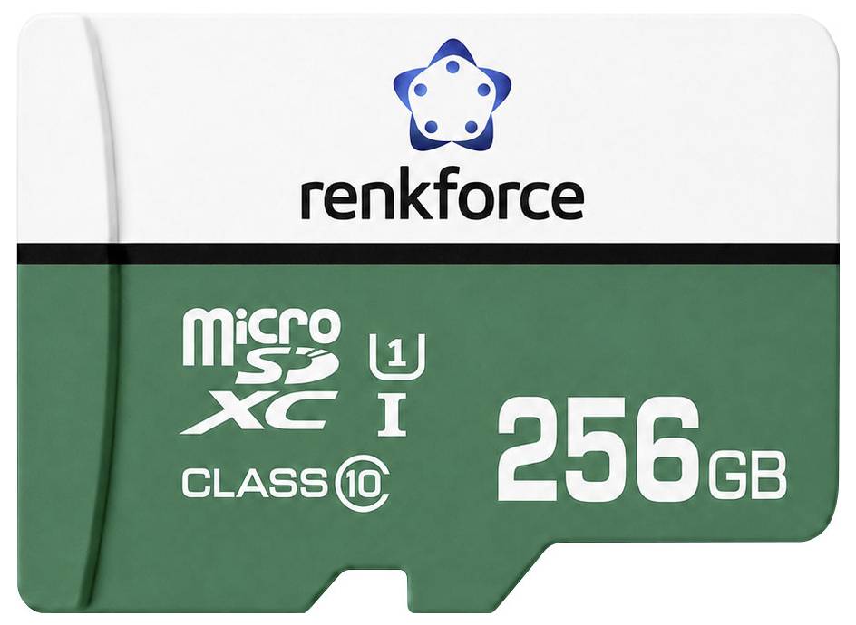 Balíček paměťové karty Renkforce 256GB microSDXC UHS-I Class 10 zobrazený zepředu.