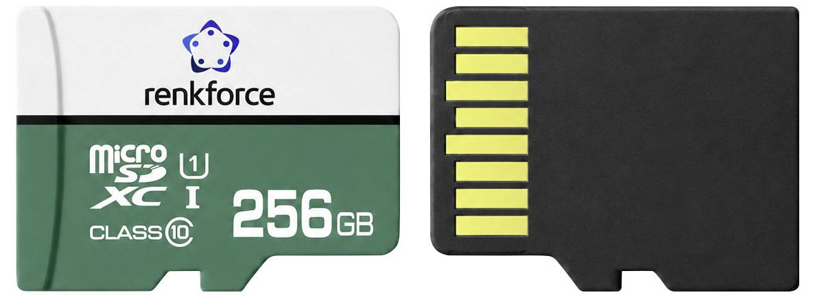 Dvě karty microSD: karta Renkforce microSDXC 256GB třídy 10 a černá karta se zlatými kontaktními piny.