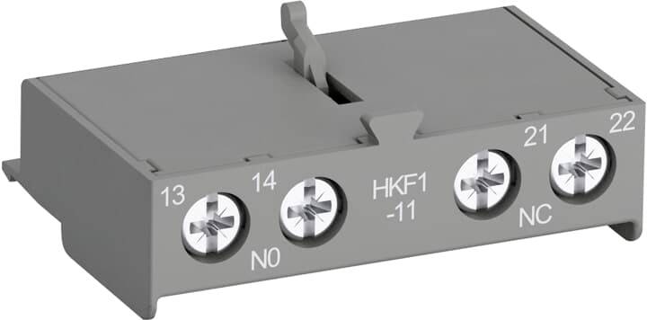 Šedý elektrickný konektor modul označený HKF1-11 se svorkami 13, 14, 21 a 22 označenými NO a NC.