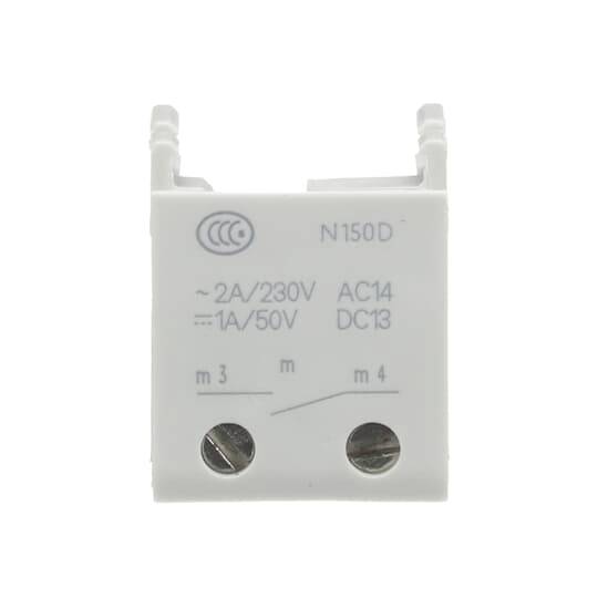 Bílý elektrický relé modul označený 'N150D' se dvěma šroubovacími svorkami a jmenovitými výkony '2A/230V AC14' a '1A/50V DC13'.