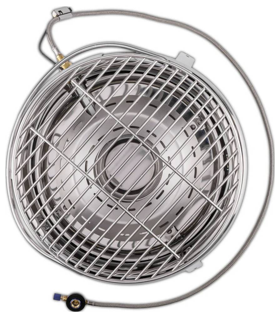 Kryt ventilátoru nebo dmychadla z nerezové oceli s kruhovou drátěnou ochranou a připojeným potrubím, zobrazeno na bílém pozadí.