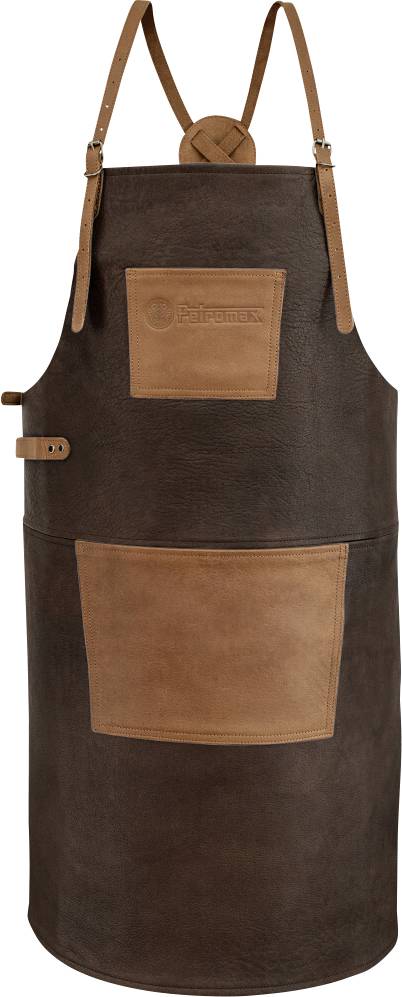 Hnědá kožená zástěra s béžovými kapsami a popruhy, zobrazena z přední strany na bílém pozadí.