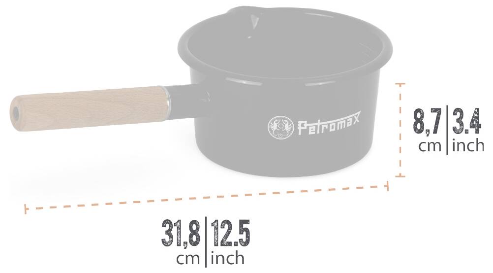 Černý hrnec Petromax se dřevěnou rukojetí, zobrazený s rozměry: šířka 31,8 cm a výška 8,7 cm (12,5 x 3,4 palce).