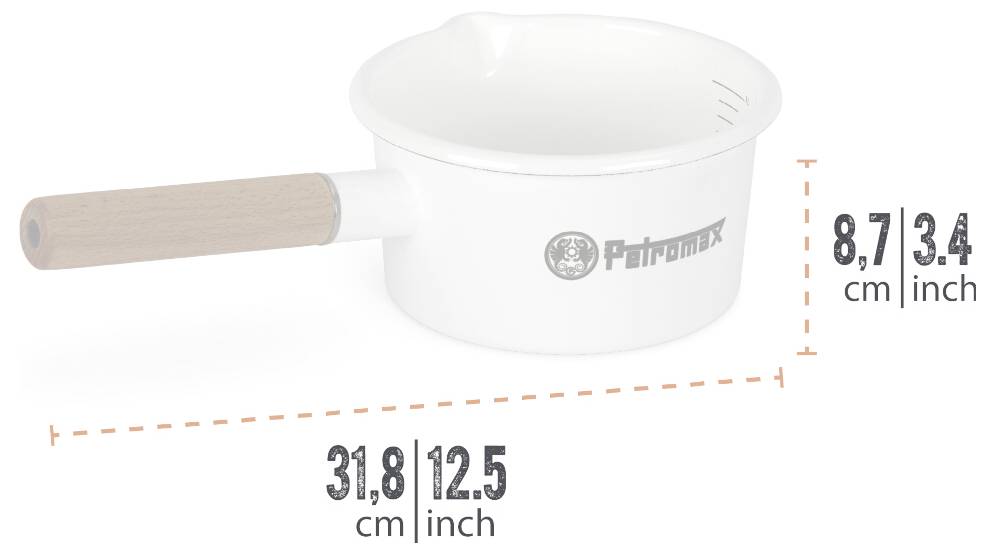 Bílá pánev Petromax s dřevěným madlem, zobrazená s rozměry: délka 31,8 cm a výška 8,7 cm, označena v cm a palcích.
