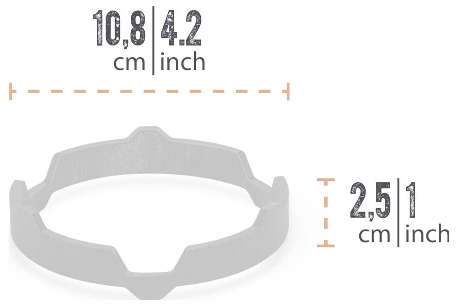 Ilustrace kulatého objektu s popisky velikosti: 10,8 cm (4,2 palce) na šířku a 2,5 cm (1 palec) na výšku.