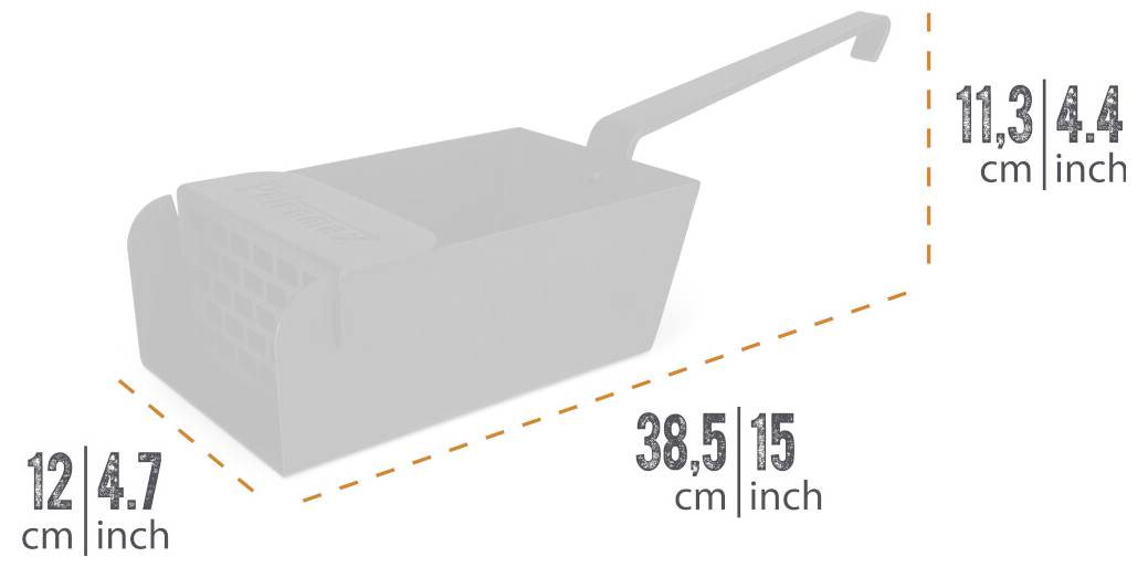 Šedé obdélníkové zařízení zobrazené v perspektivě s rozměry označenými 12,4 cm, 38,5 cm a 11,3 cm (jsou zobrazeny také palce)