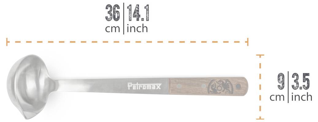 Petromax naběračka zobrazená v bočním pohledu s popisky velikostí: 36 cm (14,1 palce) dlouhá a 9,3 cm (3,5 palce) vysoká.