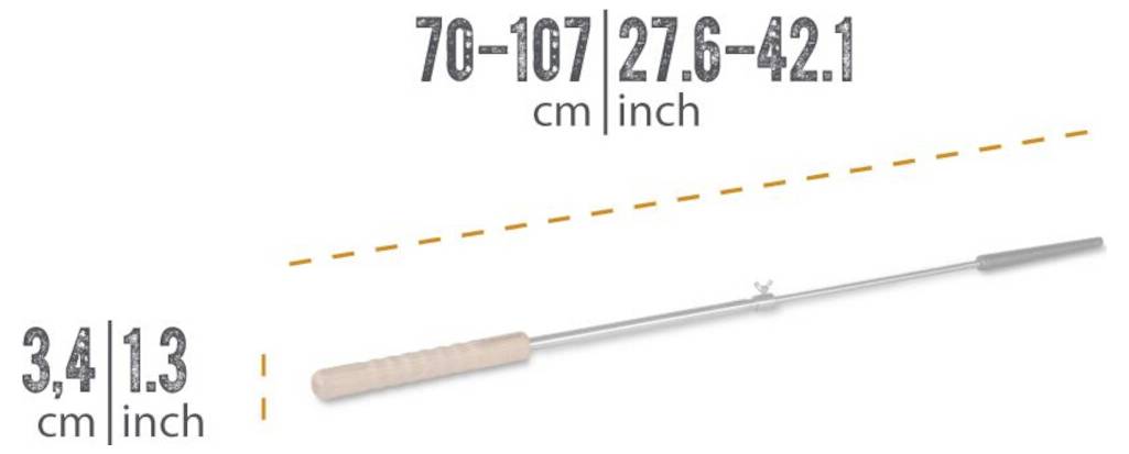 Boční pohled na teleskopickou tyč ukazující rozsah délky 70–107 cm (27,6–42,1 palce) a velikost rukojeti 3,4 cm (1,3 palce) v průměru.