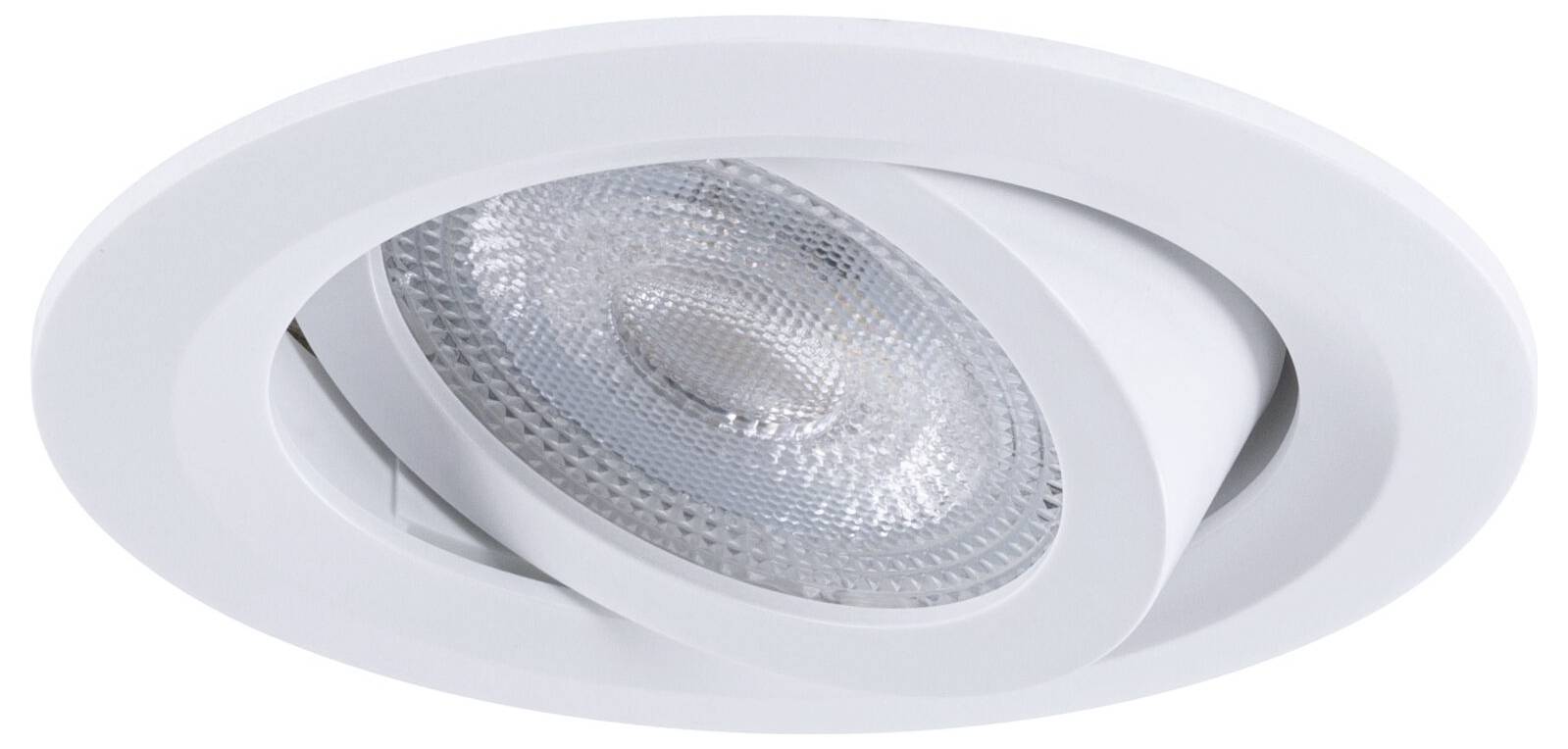 Zapuštěné stropní bodové světlo s bílým nastavitelným ozdobným kroužkem a kulatou hlavicí lampy.