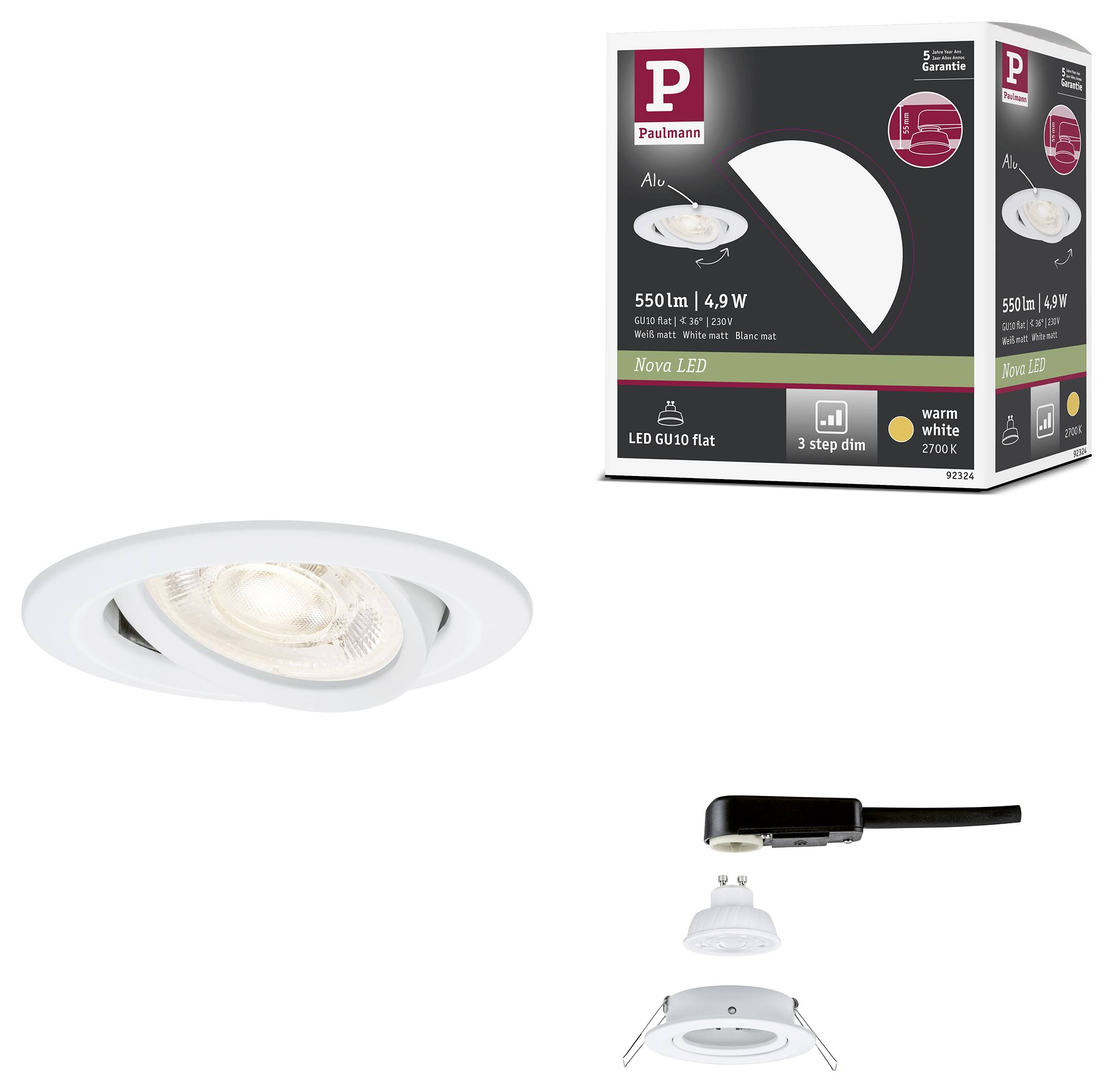 Obrázek produktu zobrazující zapuštěné bílé LED stropní svítidlo, jeho balení a instalační části: zásuvka, pružné spony a ozdobný kroužek svítidla.