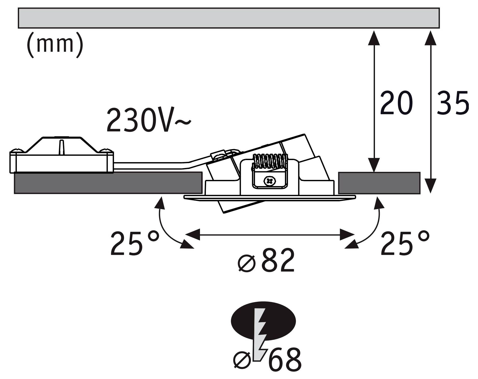 Technický instalační diagram zapuštěného světla, zobrazující 230V~ napájení, Ø82 výřez, Ø68 velikost zařízení, rozsah náklonu 25° a měření výšky 20/35 mm.