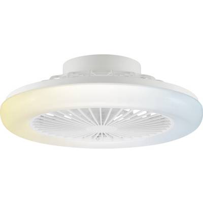 Kulatý bílý stropní ventilátor s integrovaným LED osvětlením a větraným středem, zobrazený zezdola na jednolitém pozadí.