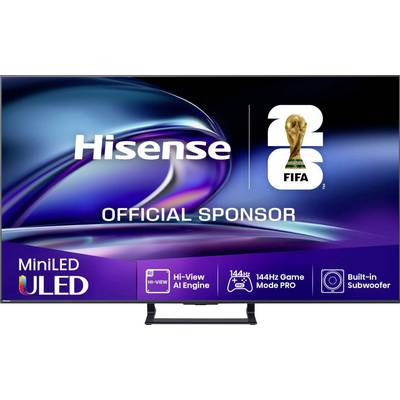 Hisense oficiální sponzor reklama s logem trofeje FIFA Světového poháru, propagující funkce MiniLED ULED TV: Hi-View AI Engine, 144Hz Game Mode Pro a vestavěný subwoofer.