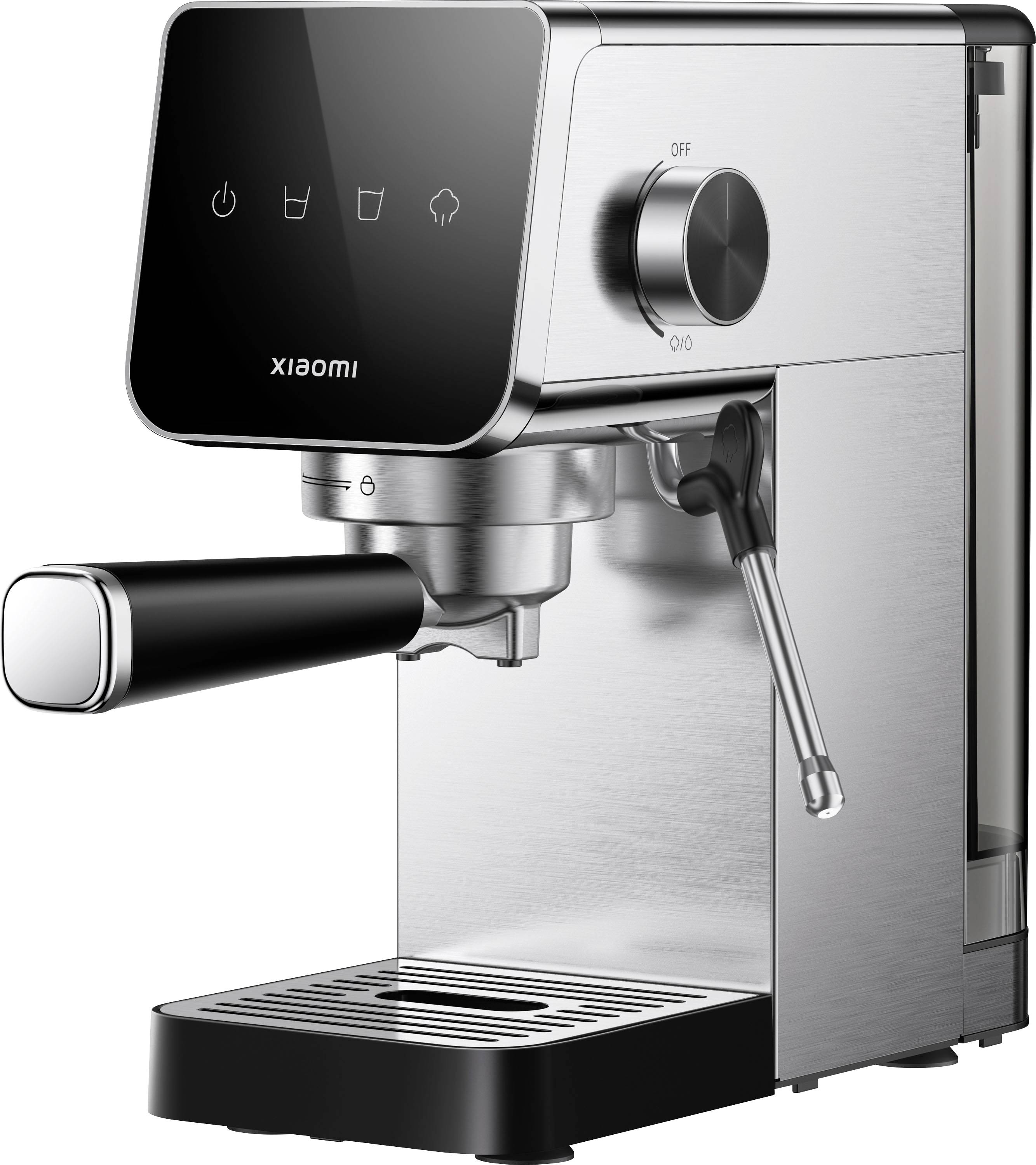 Nerezová espressovací машина Xiaomi s černým ovládacím panelem, parní hubicí a odkvapovací mističkou.