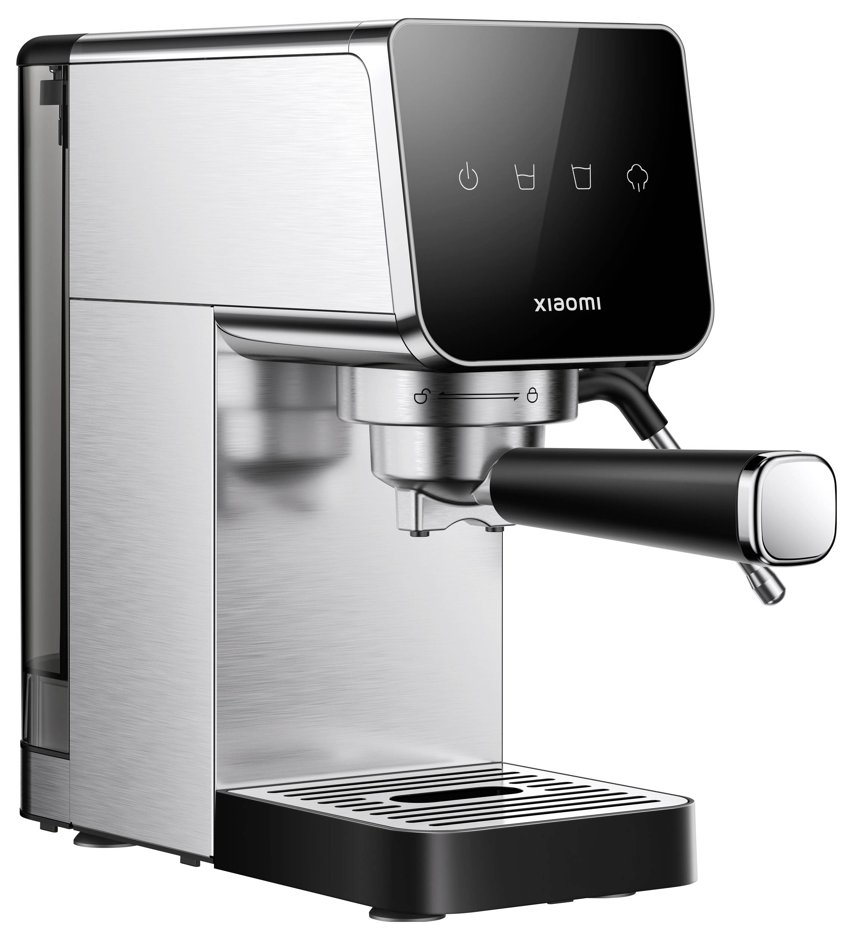 Nerezová espresso машina Xiaomi s černým kontrolním panelem, rukojetí portafilter a odkapávací tackou, zobrazená na bílém pozadí.