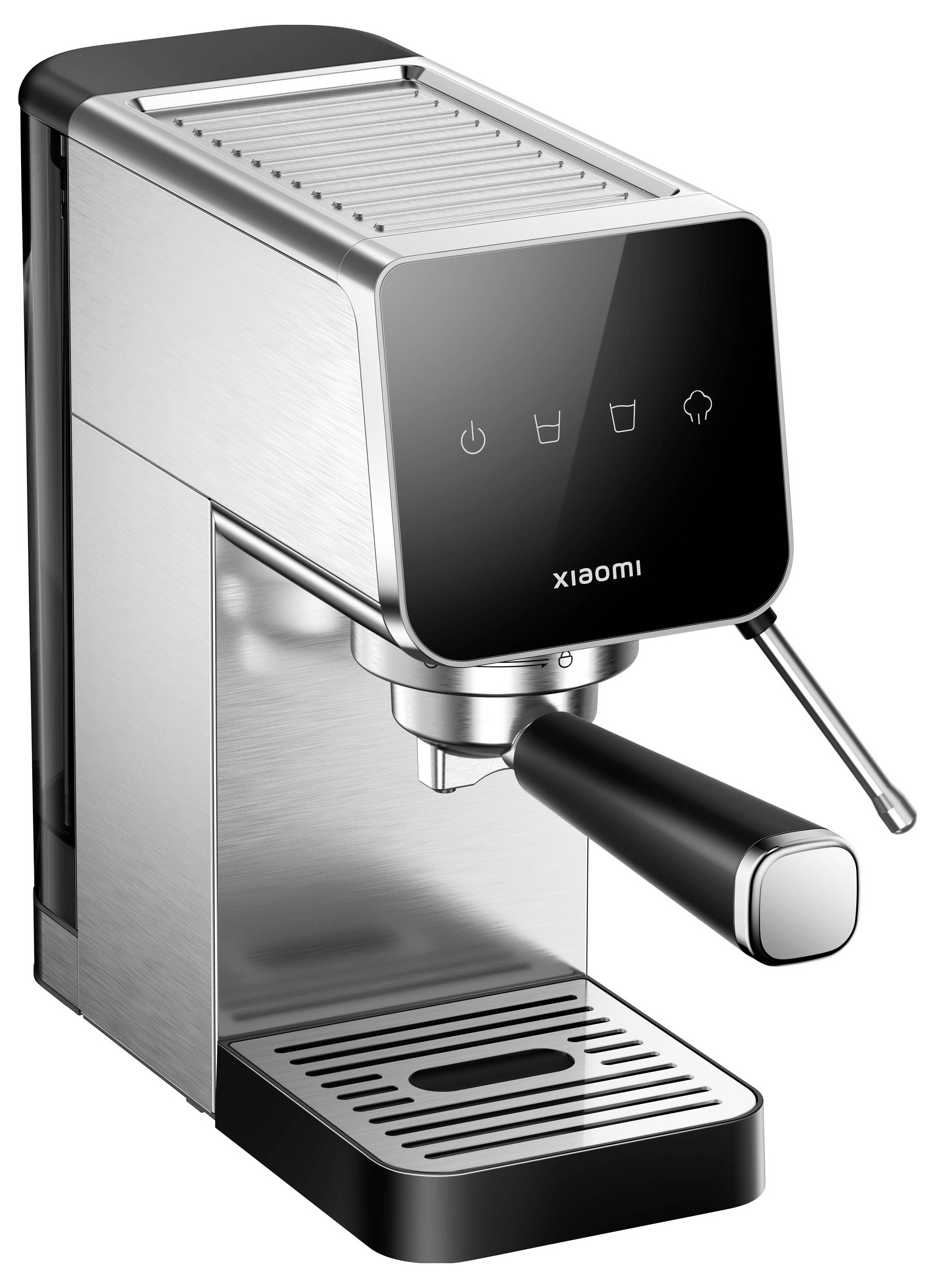 Stolní espresso přístroj Xiaomi s rukojetí na filtr, odkapávací mističkou a předními dotykový ovládáním na těle z nerezavějící oceli.