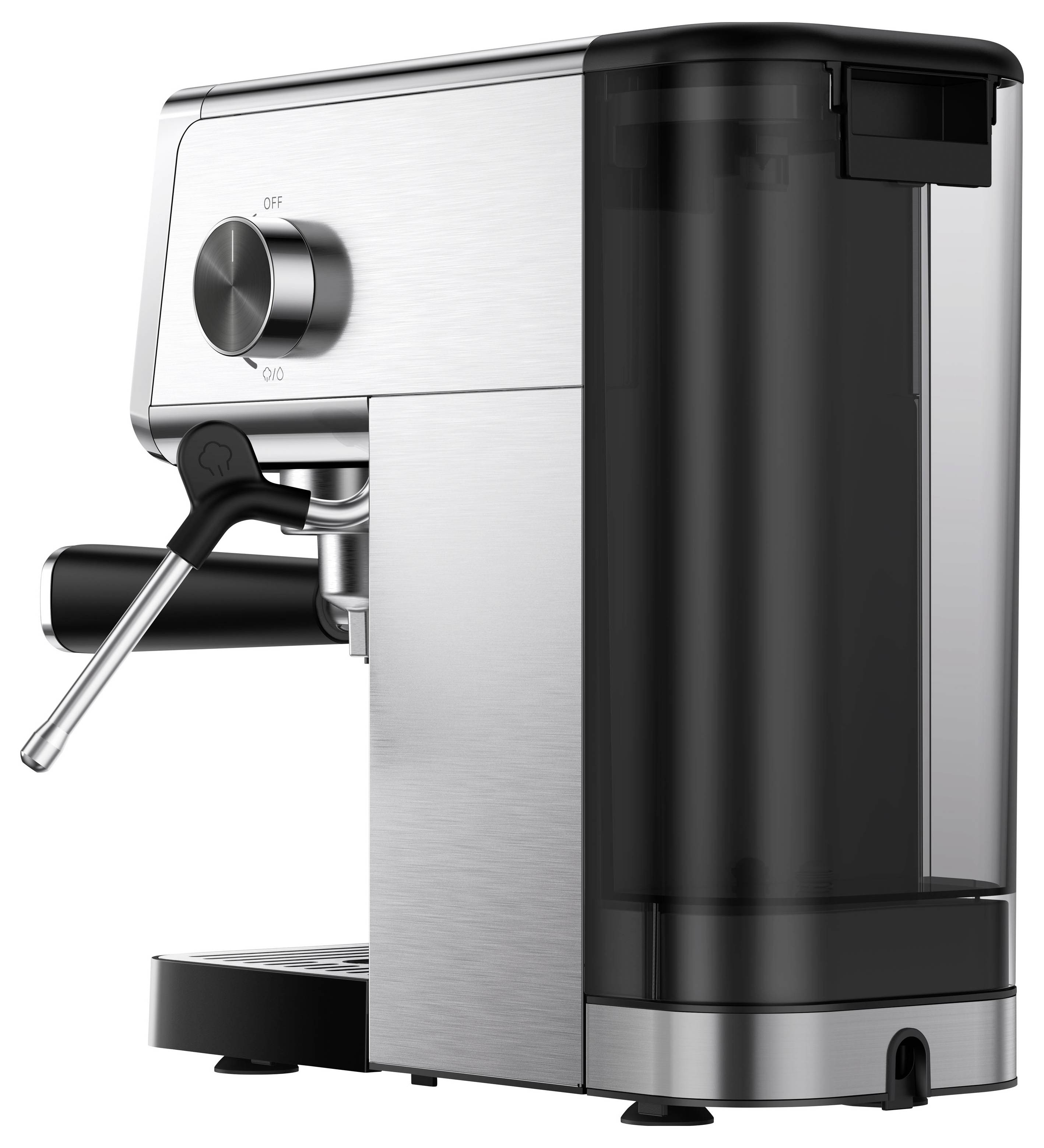 Nerezová espresso čekanka s černou nádržkou na vodu, držákem na filtr, parou tryskou a táčkou na kapalinu.