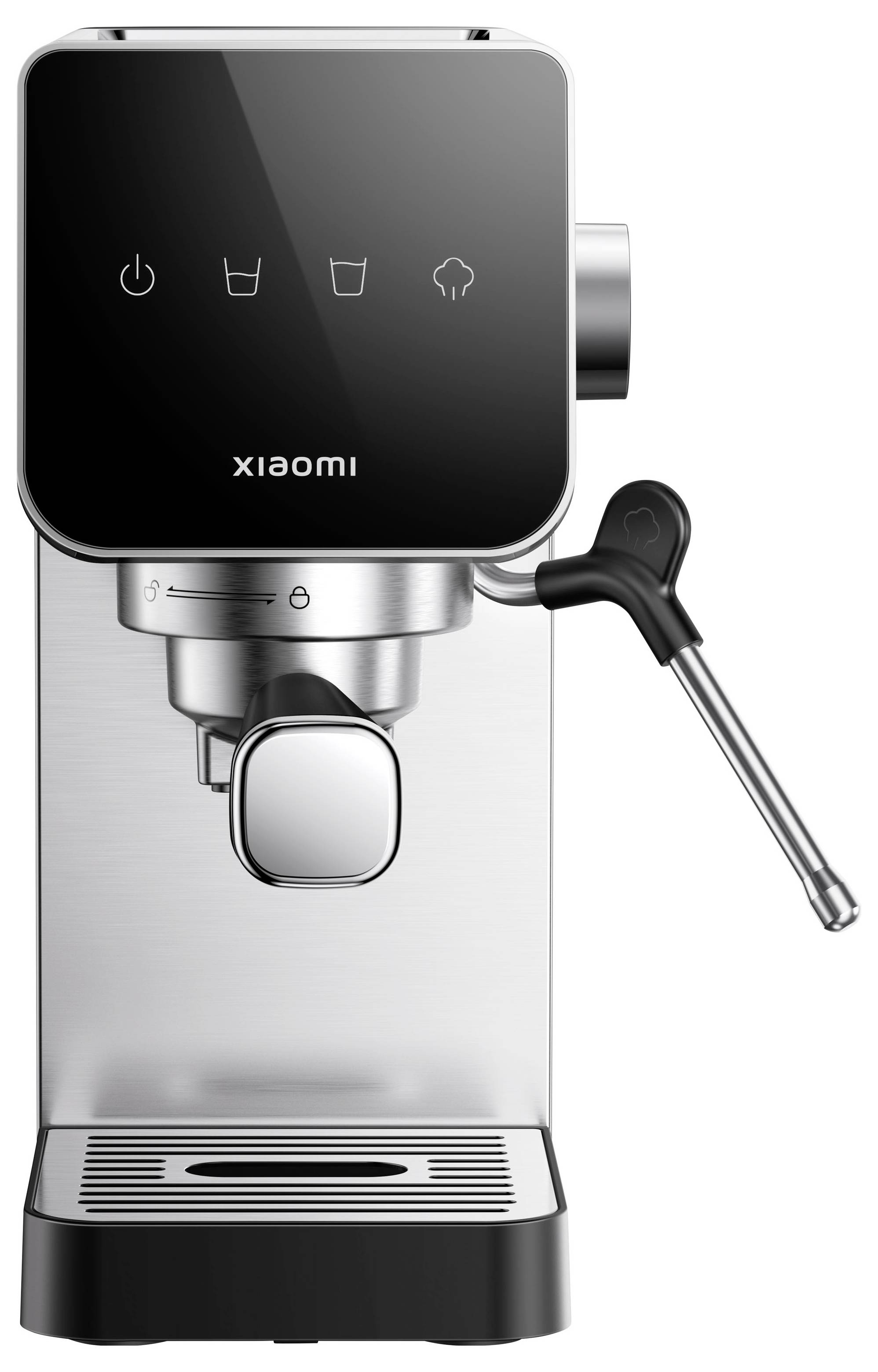 Přední pohled na kávovar Xiaomi s dotykový ovládáním, parní trubicí a zbavovací vaničkou.